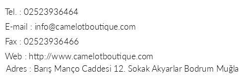 Camelot Boutique Hotel telefon numaralar, faks, e-mail, posta adresi ve iletiim bilgileri